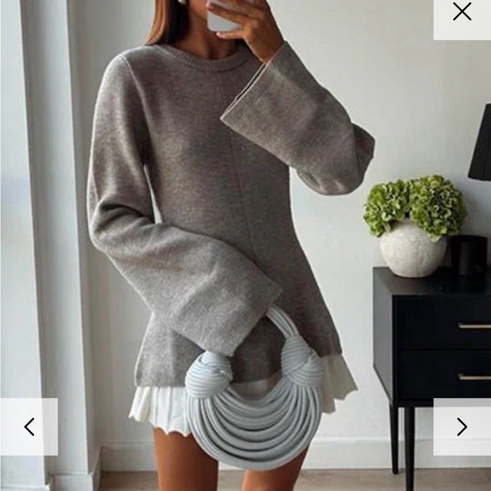 Gray Bell Sleeve Sweater with White Trim
